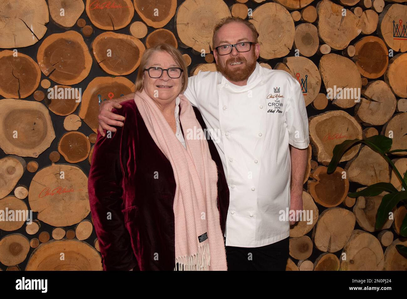 Farnham Royal, UK. 2nd February, 2023. Celebrity Chef Rosemary Shrager and Celebrity Chef Chris Wheeler at the pre opening event at the Crown Inn. Chris Wheeler who was the Executive Chef at the former Humphry's Restaurant at Stoke Park for almost 20 years has now opened a new restaurant called Chris Wheeler at the Crown Inn together with business partner and pub owner Russell Allen. The restaurant at the Crown Inn in Farnham Royal, Slough opened for business on Saturday 4th February 2023. Credit: Maureen McLean/Alamy Stock Photo