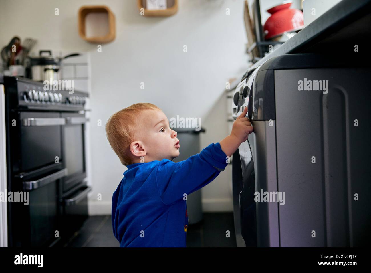 Toddler reaching up and touching appliance in kitchen Stock Photo