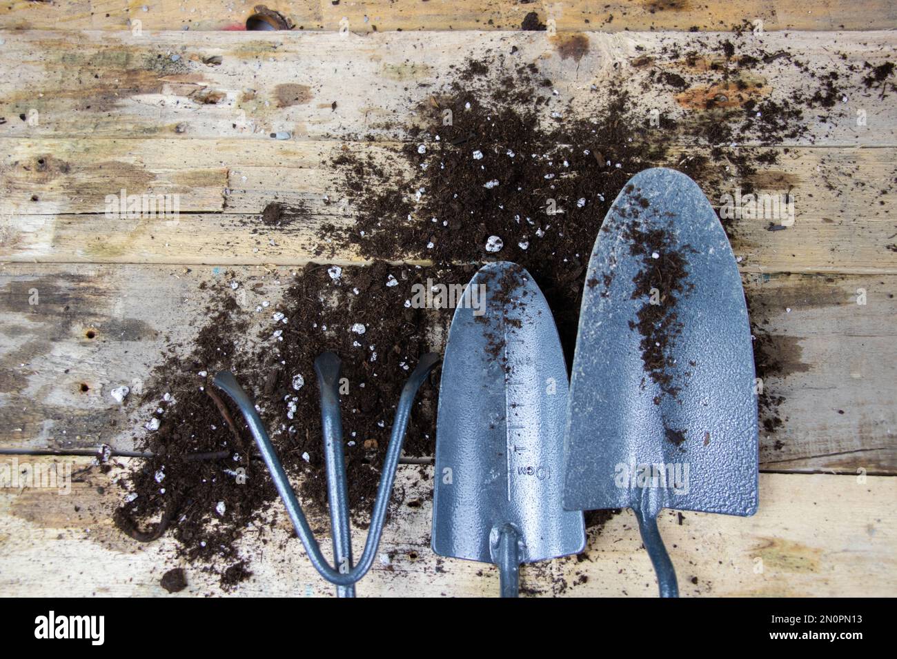 Some garden tools in a tool shed with two hand shovels and a weed rake Stock Photo Alamy