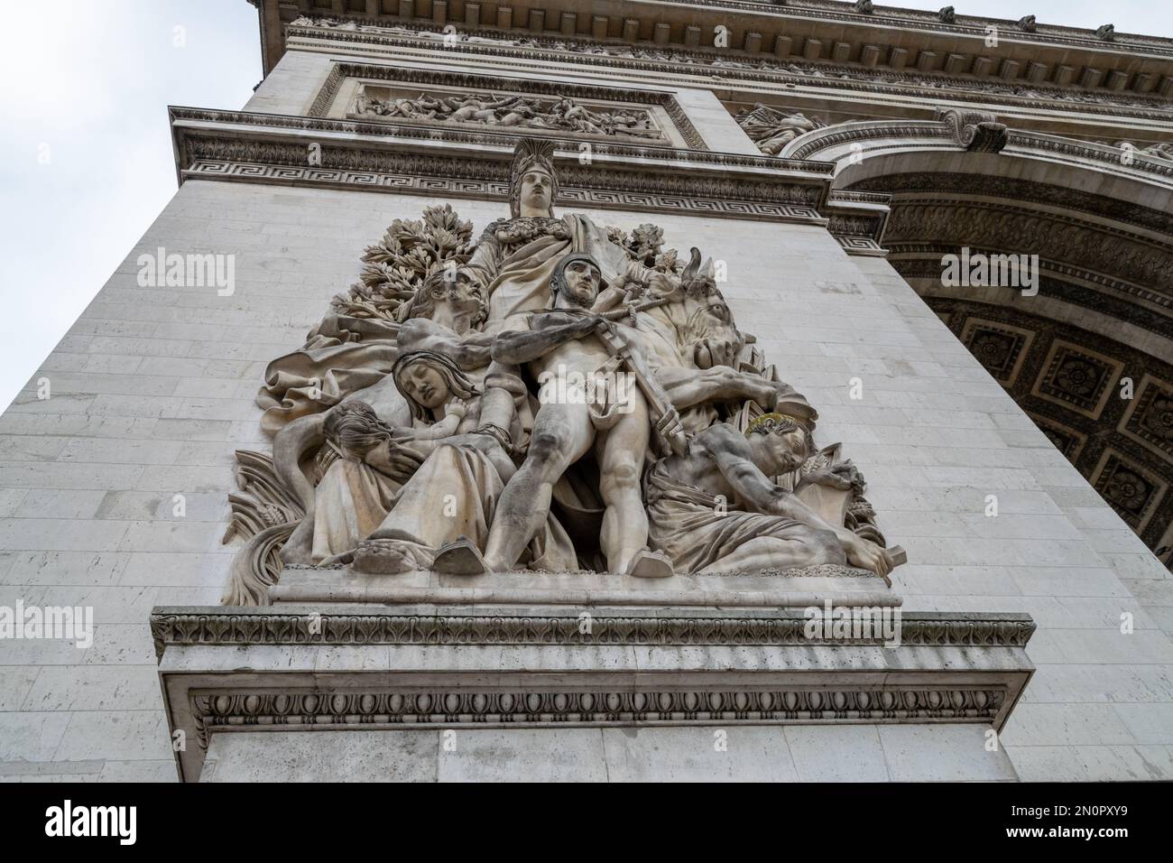 Paris Arche de Triomphe, place de Étoile. Soldiers monuments. Big stone monuments of the world. Pl. Charles de Gaulle, 75008 Paris, France. Stock Photo