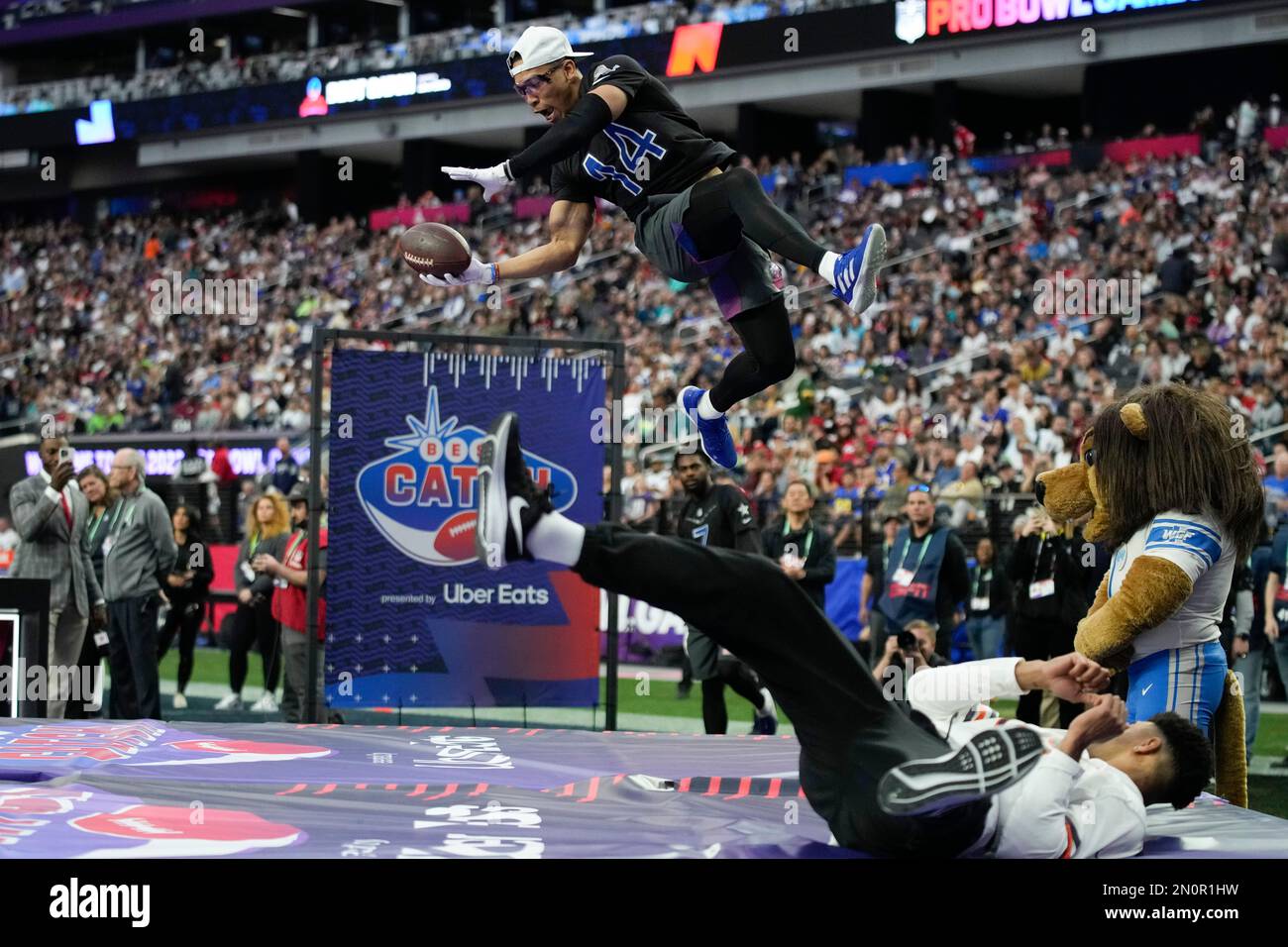 NFC wide receiver Amon-Ra St. Brown (14) of the Detroit Lions makes a catch  during the best catch football event at the NFL Pro Bowl, Sunday, Feb. 5,  2023, in Las Vegas. (