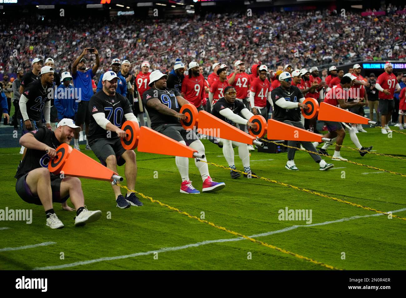 Players for the NFC compete in the Move the Chains event at the NFL Pro Bowl,  Sunday, Feb. 5, 2023, in Las Vegas. (AP Photo/John Locher Stock Photo -  Alamy