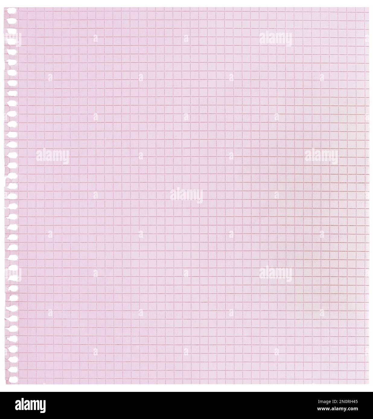 Checked spiral notebook page paper background, old aged pink chequered ring binder sheet flat lay copy space, vertical squared pattern maths notepad Stock Photo
