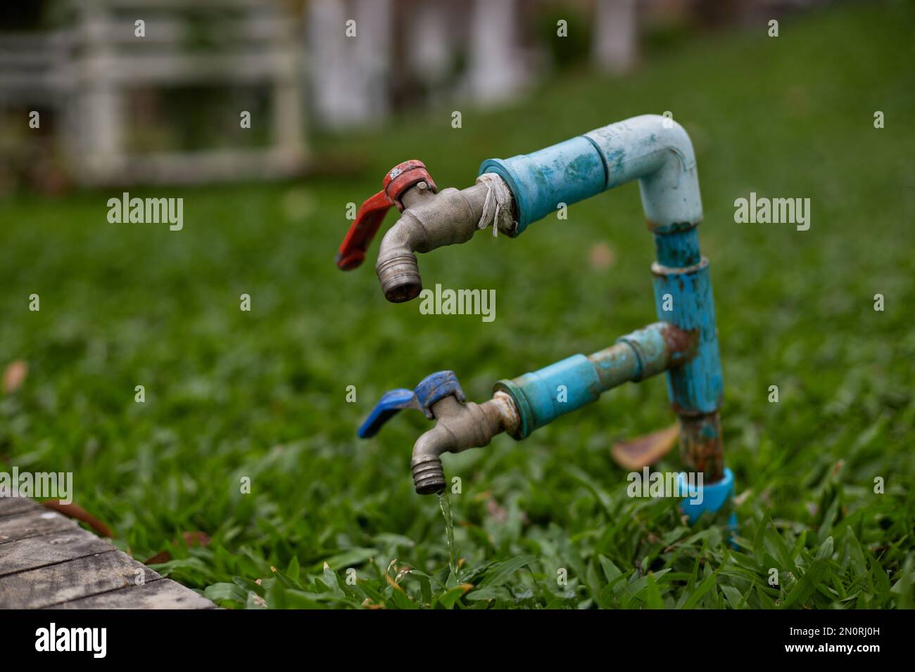 Double faucet in backyard Stock Photo Alamy
