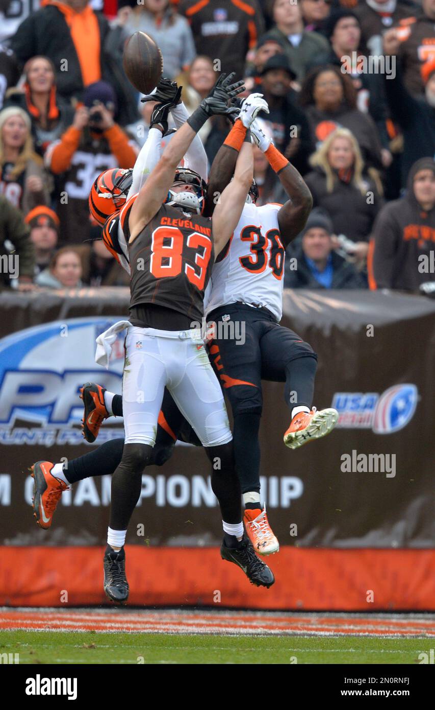 Cincinnati Bengals cornerback Shawn Williams 36 breaks up a pass intended for Cleveland Browns wide receiver Brian Hartline 83 in the second half of an NFL football game Sunday Dec. 6 2015