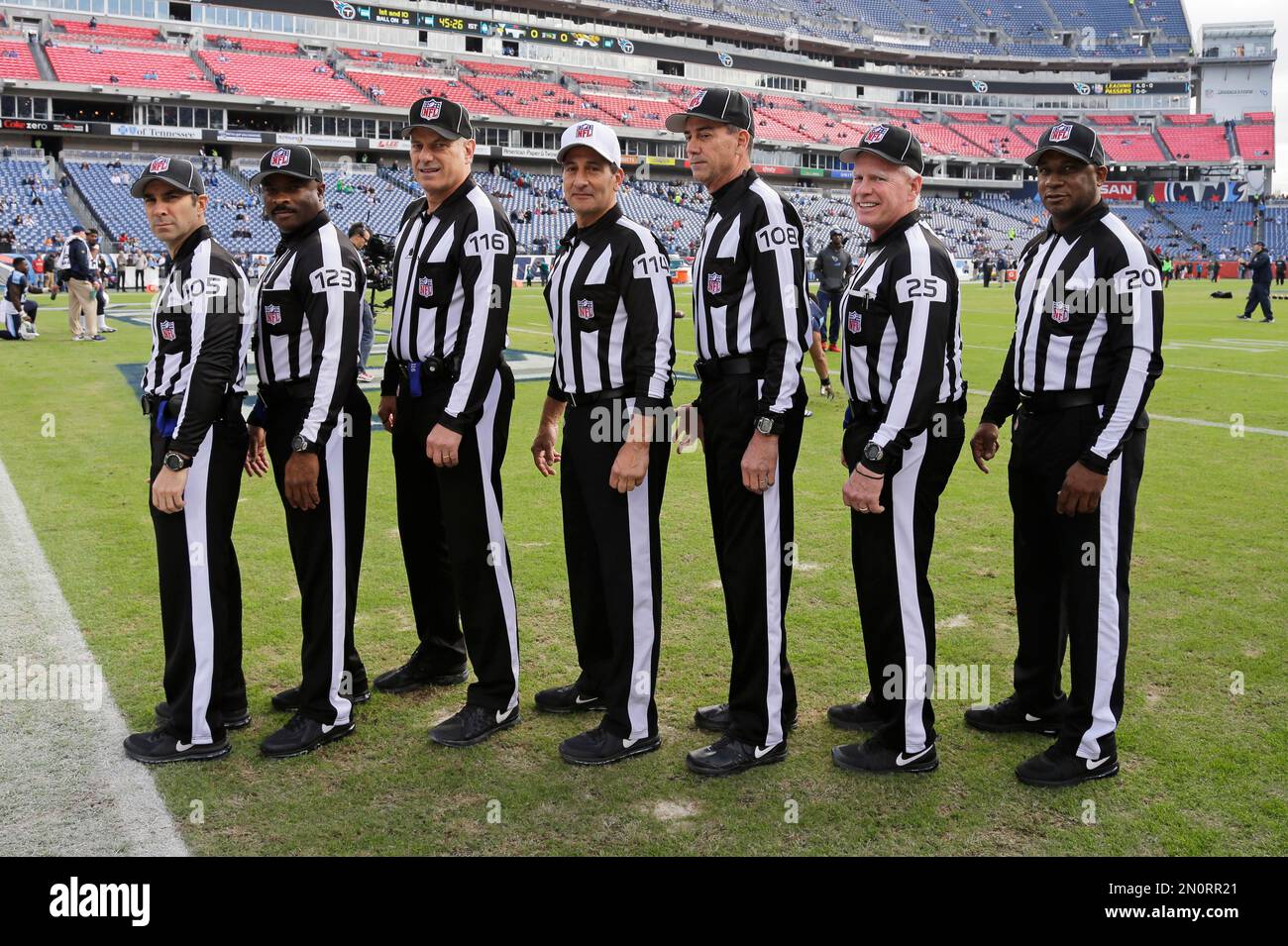 Regulation Time. 23rd Nov, 2015. MA, USA: Referee Gene Steratore (114)  stands on the field during the National Football League game between the  Buffalo Bills and the New England Patriots held at