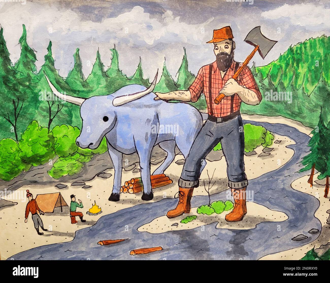 The legendary Paul Bunyan and Babe the Blue Ox show up at the camp of a couple of woodsmen. Stock Photo