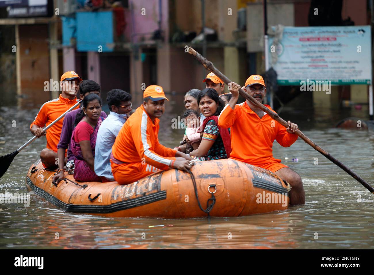 national disaster response force personnel rescue people stranded in floodwaters in chennai in the southern indian state of tamil nadu friday dec 04 2015 the relentless rains that lashed southern indias tamil nadu state for three days eased friday but the misery of tens of thousands of people was far from over with large parts of the main city still underwater along with the regions biggest airport ap photoarun sankar k 2N0T6NY