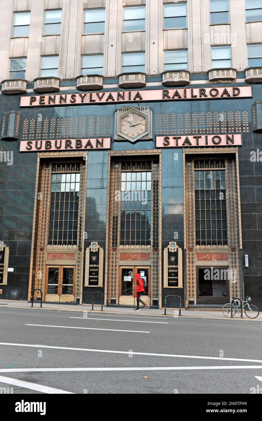 The Pennsylvania Railroad Suburban Station in Philadelphia City Center exemplifies art deco style for when it was completed in 1930. Stock Photo