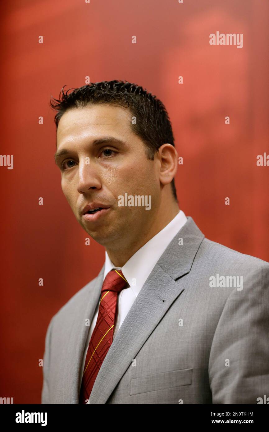 New Iowa State head football coach Matt Campbell speaks during a news  conference, Monday, Nov. 30, 2015, in Ames, Iowa. Campbell, who replaces  the recently fired Paul Rhoads, was the coach at