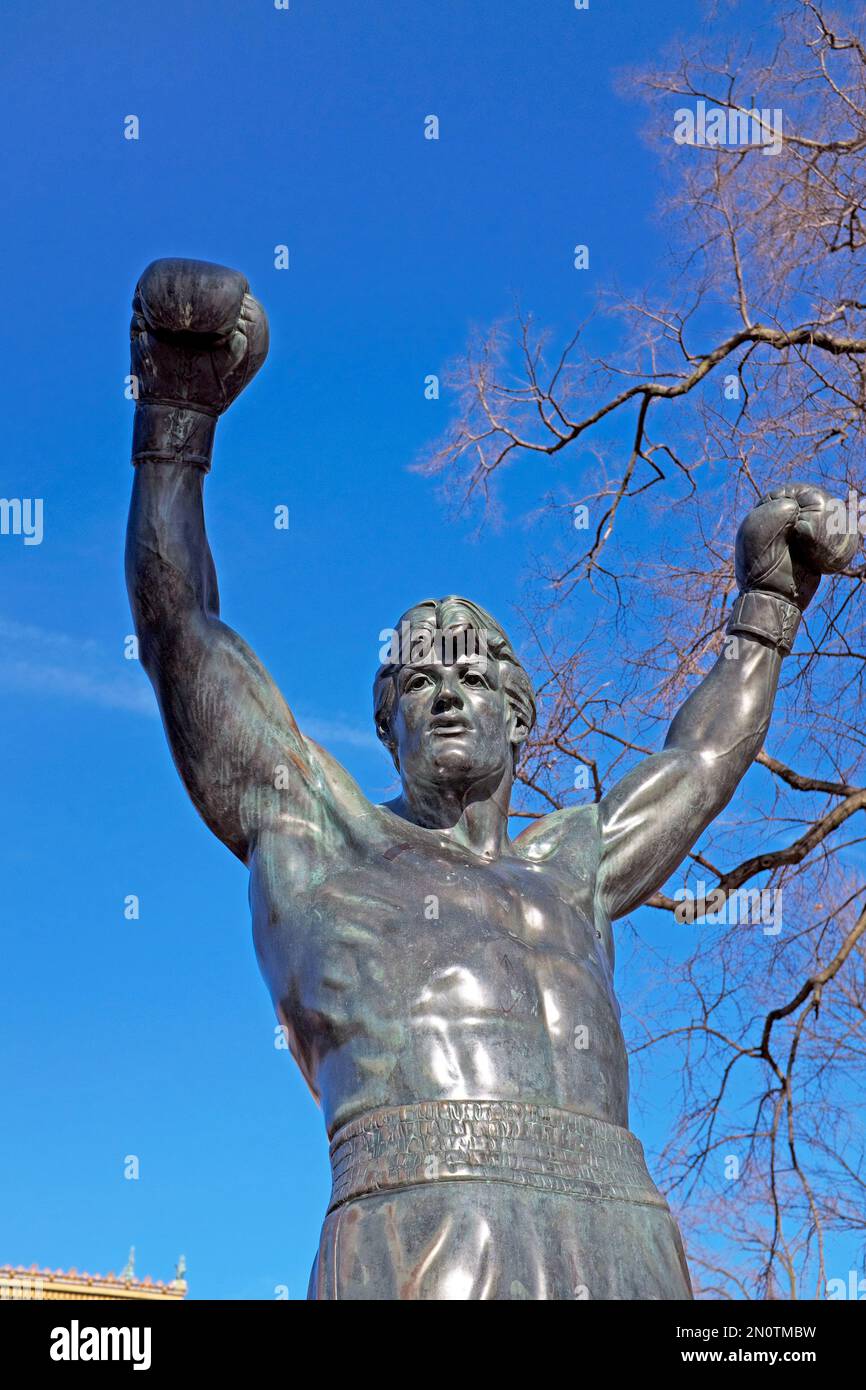 The twelve-foot eight-inch Rocky Balboa statue near the Philadelphia Art Museum was commissioned and gifted to the city by Sylvester Stallone. Stock Photo