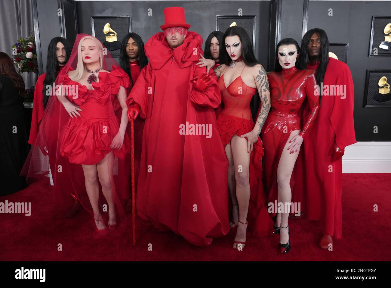 Kim Petras, from left, Sam Smith, Violet Chachki, and Gottmik arrive at the 65th annual Grammy