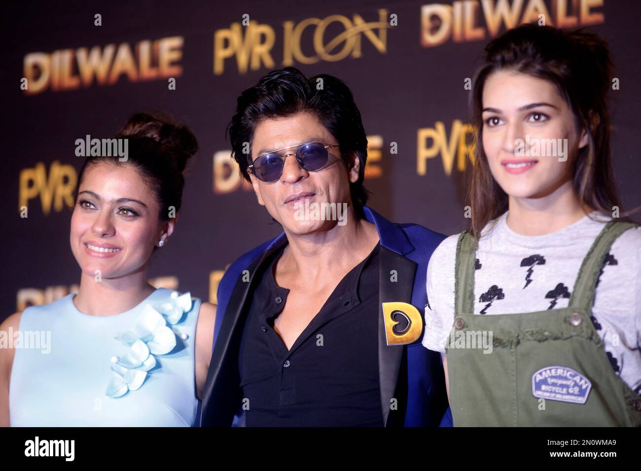 Bollywood actors Shah Rukh Khan center Kajol left and Kriti