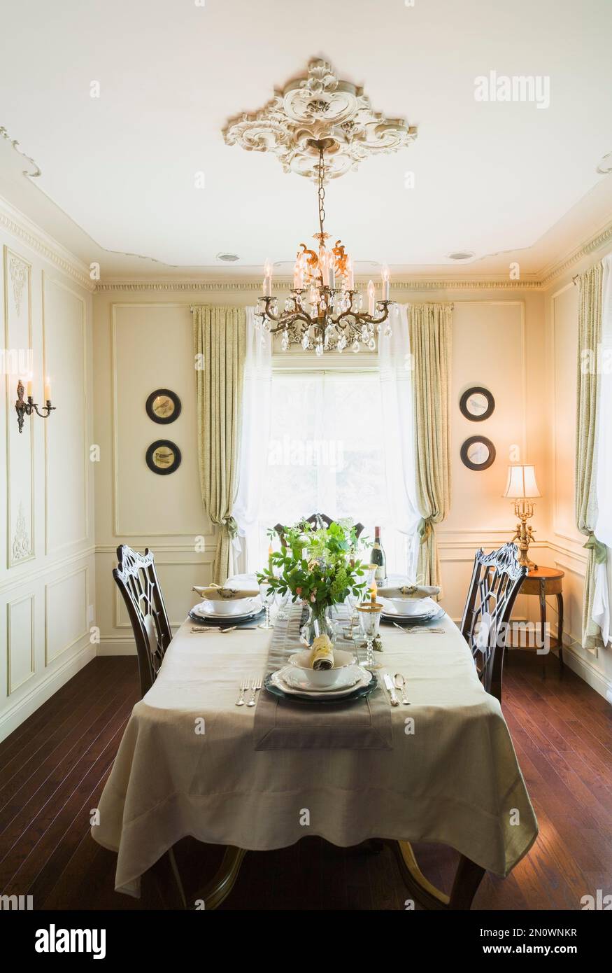 Set antique wooden dining table with 1850s dishes and hand sculptured