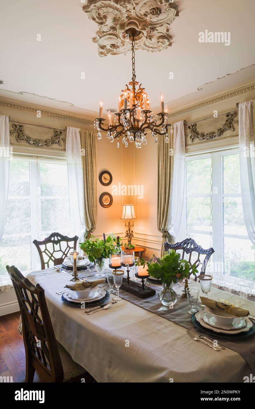 Set antique wooden dining table with 1850s dishes and hand sculptured