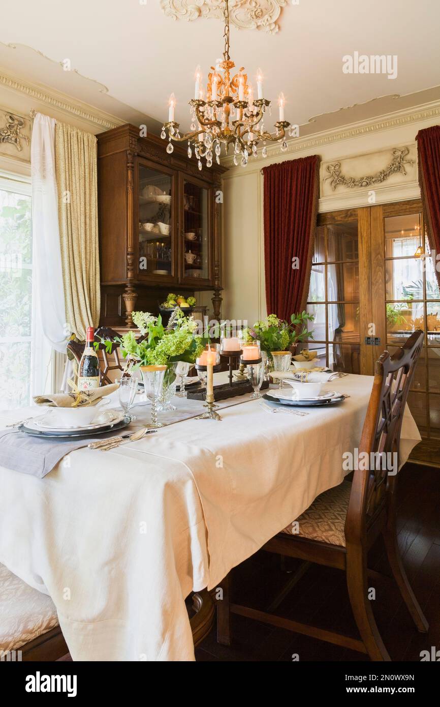Set antique wooden dining table with 1850s dishes and hand sculptured