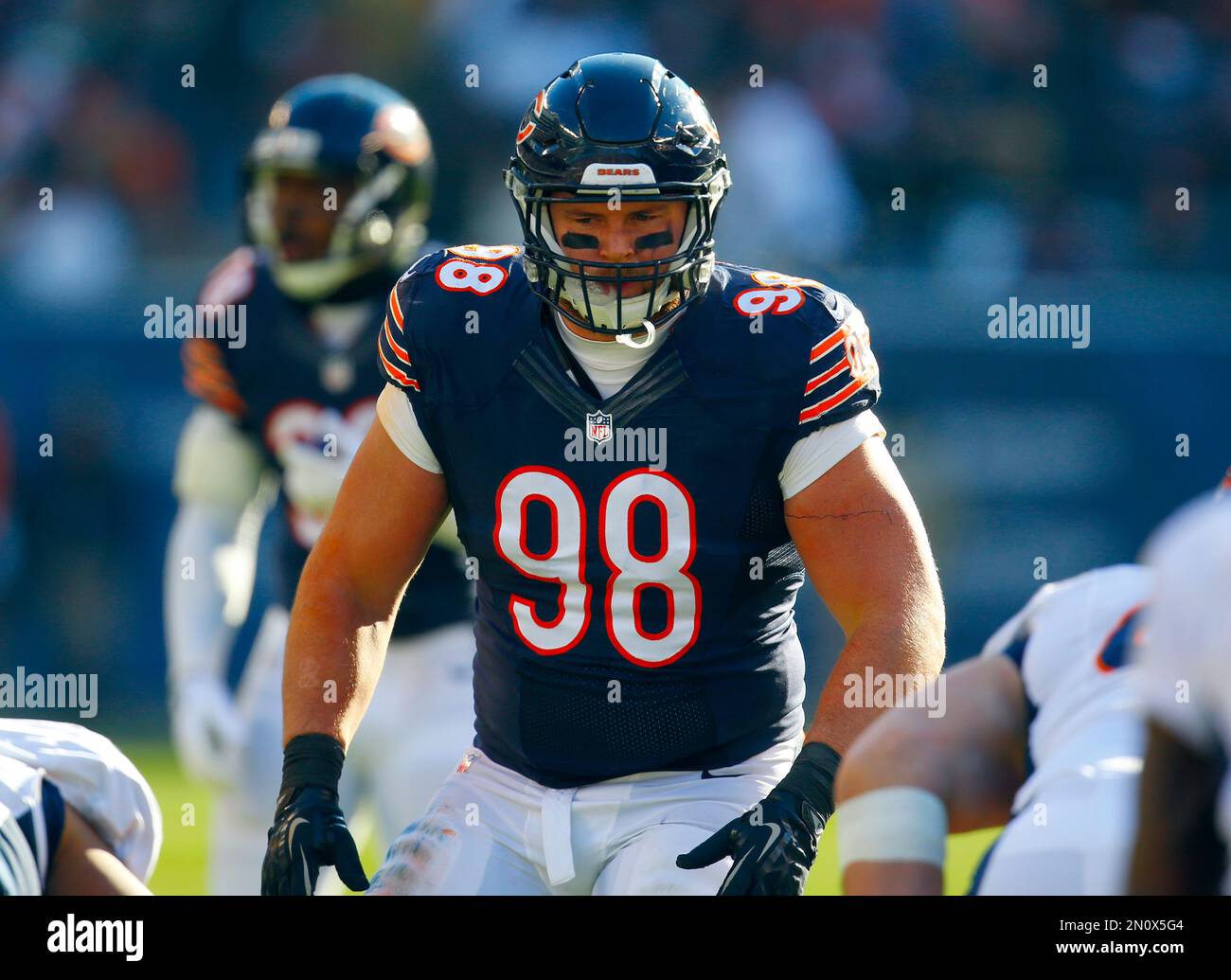 Chicago Bears defensive tackle Mitch Unrein (98) lines up against the  Denver Broncos during an NFL football game, Sunday, Nov. 22, 2015, in  Chicago. The Broncos won the game 17-15. (Jeff Haynes/AP