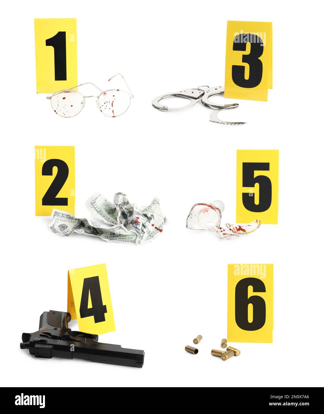 Crime scene investigation. Set of evidence identification markers and clues on white background Stock Photo