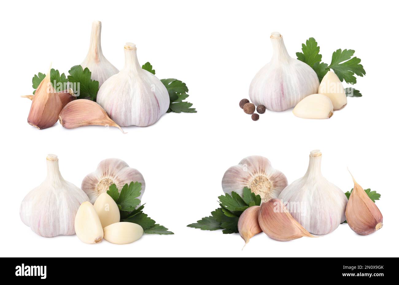 Set with garlic bulbs and cloves on white background Stock Photo - Alamy