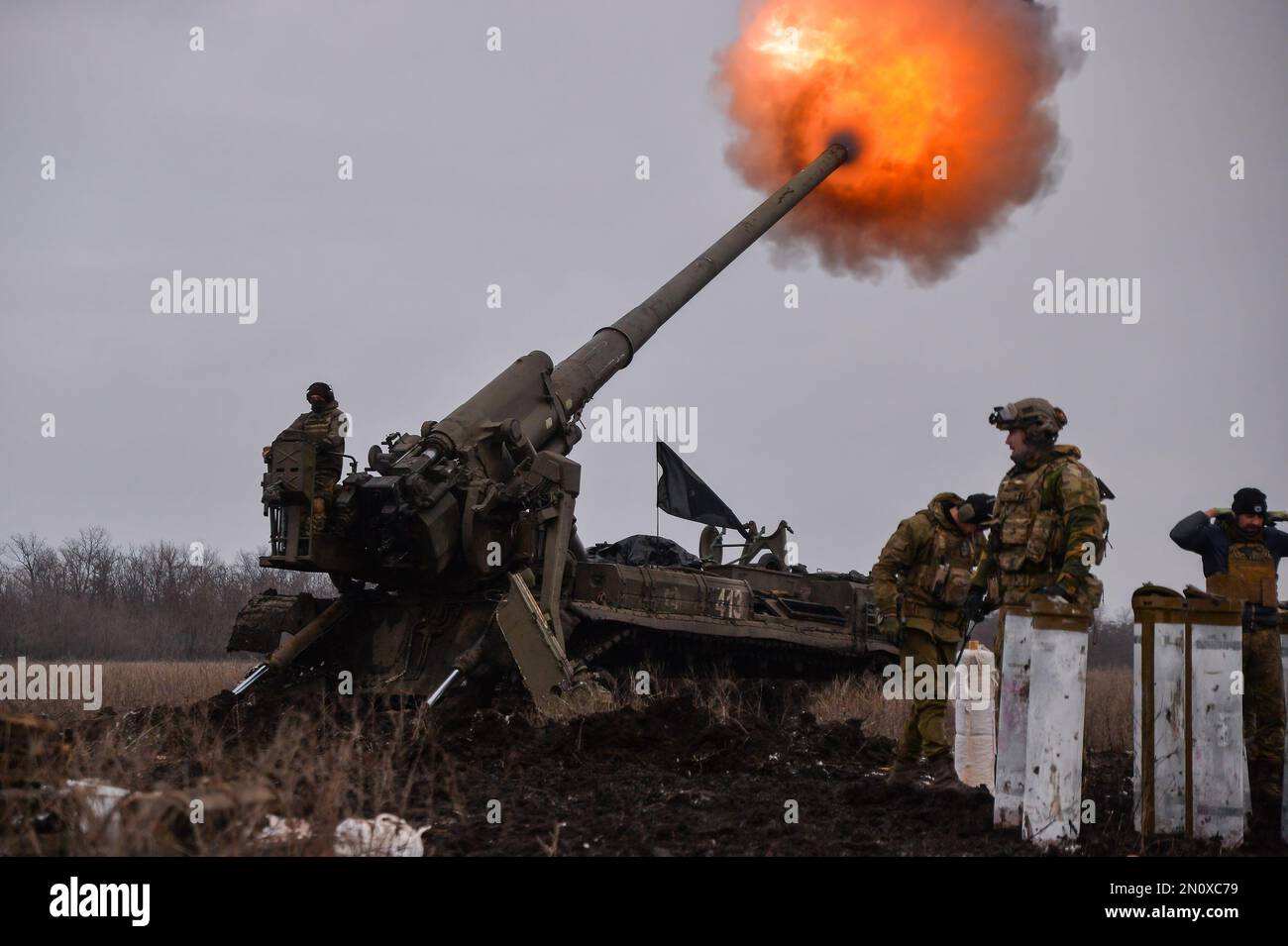 Ukraine. 05th Feb, 2023. Ukrainian artillery teams fire Pions toward