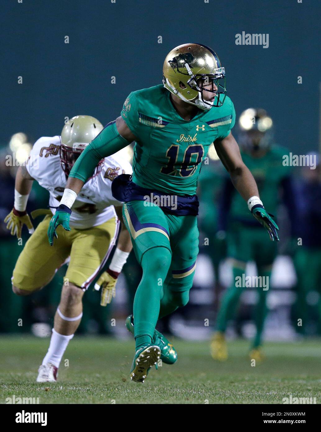 Notre Dame tight end Alize Jones (10) during the first half of the Shamrock Series NCAA college football game at Fenway Park, home of the Boston Red Sox, in Boston Saturday, Nov. 21, 2015. (AP Photo/Charles Krupa) Stock Photo
