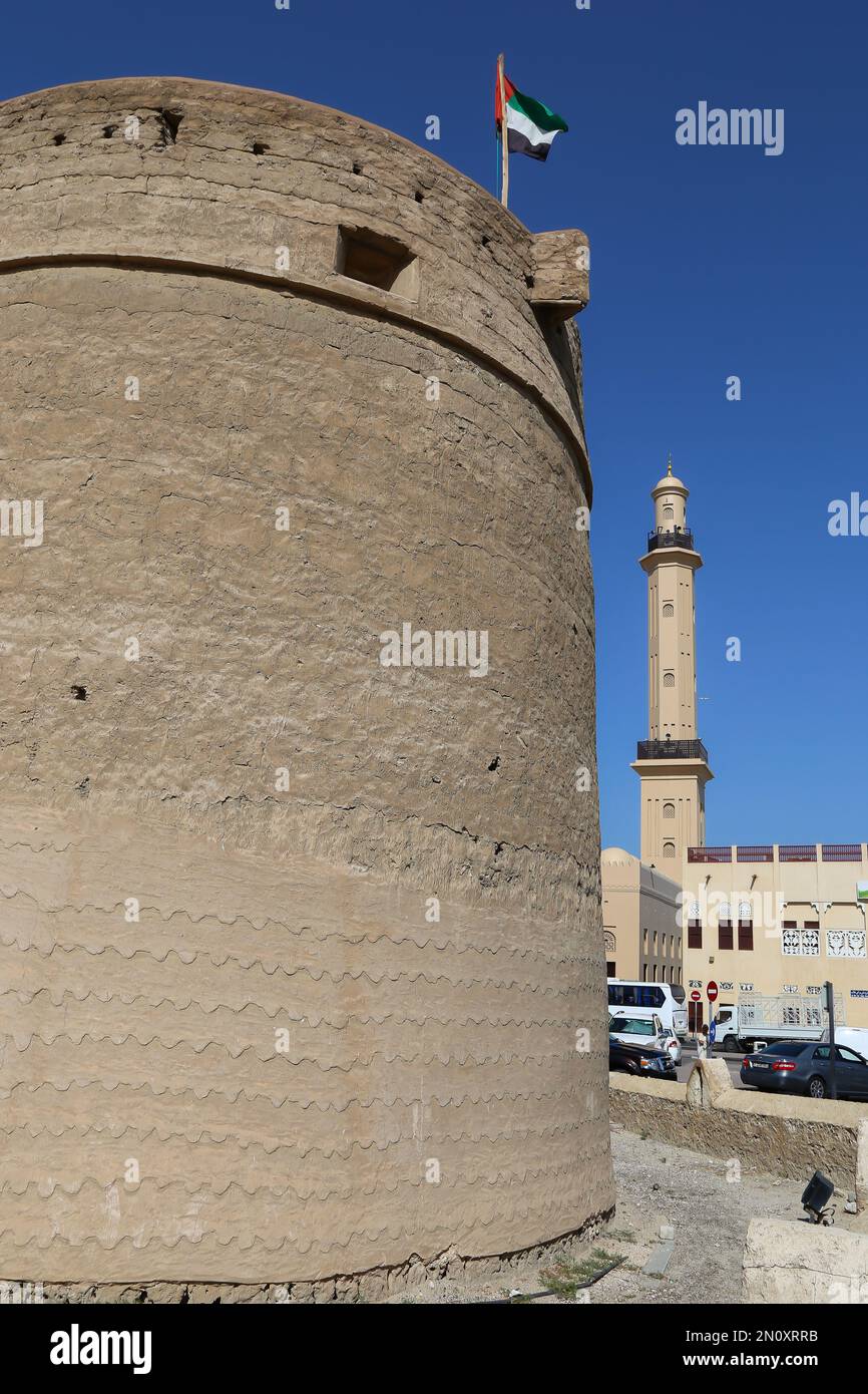 Dubai, UAE - February 14,2022: Al Fahidi Fort the oldest existing building in Dubai, it’s now the Dubai Museum. It’s presenting the traditional way of Stock Photo