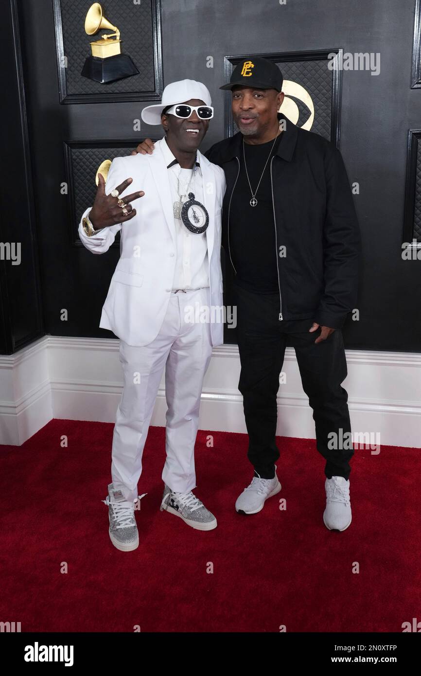 Flavor Flav, left, and Chuck D arrive at the 65th annual Grammy Awards on Sunday, Feb. 5, 2023