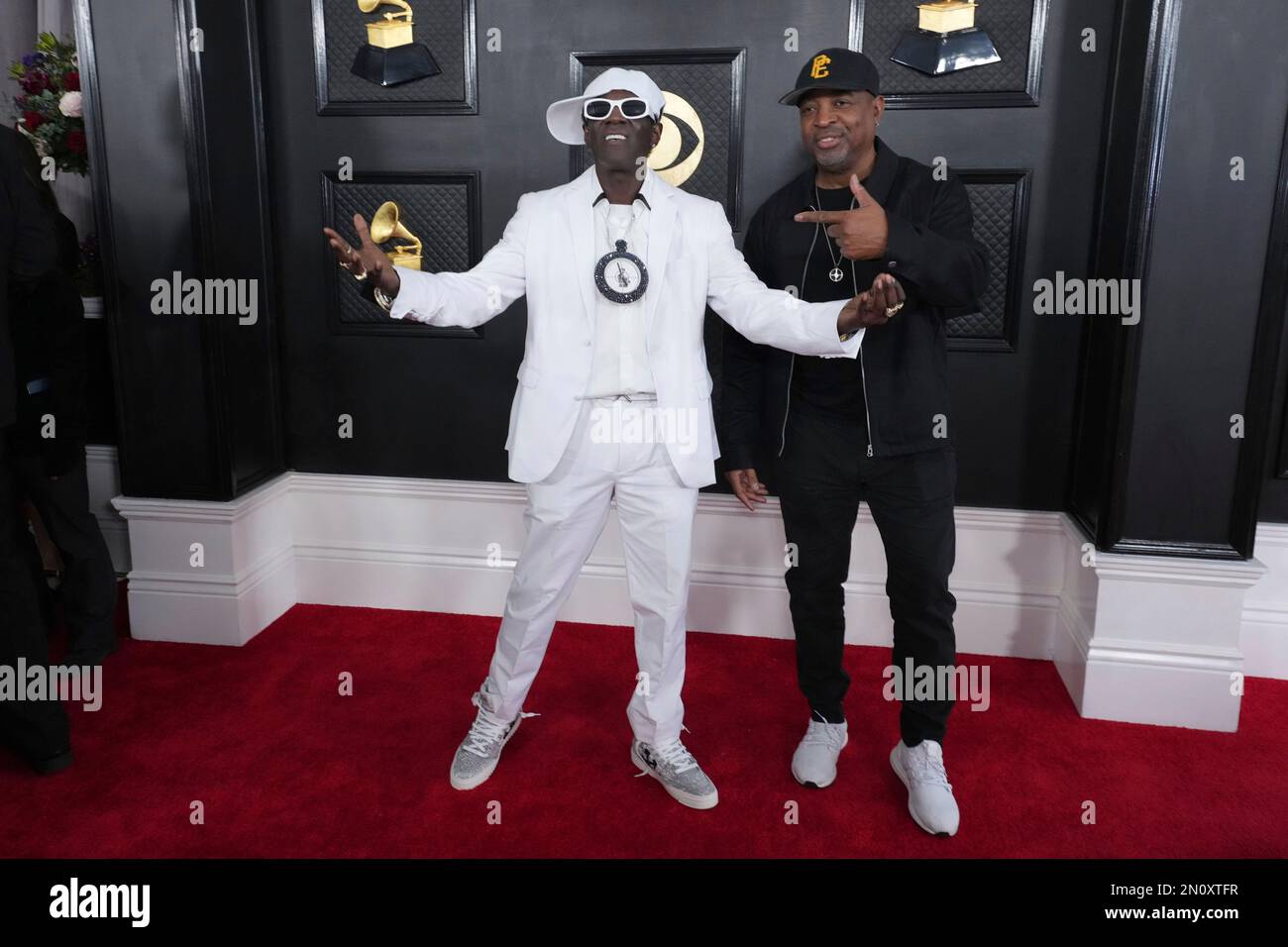 Flavor Flav, left, and Chuck D arrive at the 65th annual Grammy Awards on Sunday, Feb. 5, 2023