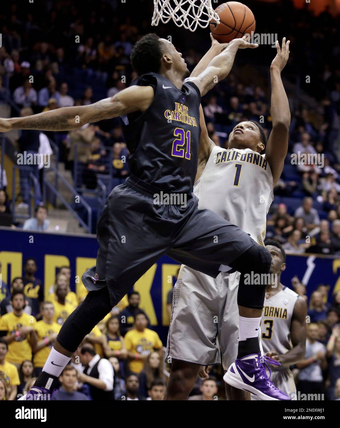 California's Ivan Rabb, right, shoots and scores against East Carolina