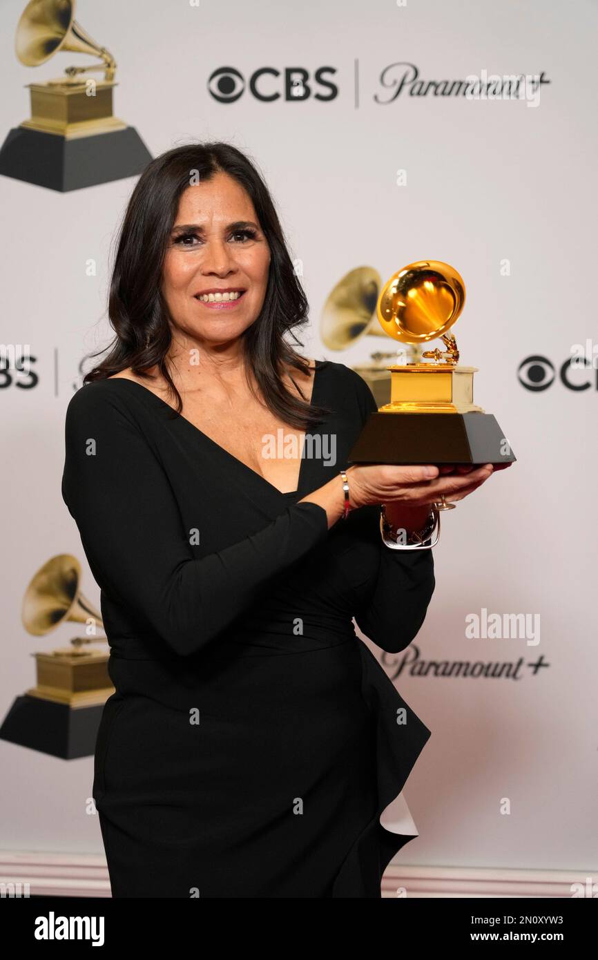 Germaine Franco poses in the press room with the award for best score