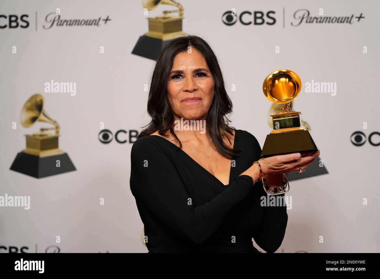 Germaine Franco poses in the press room with the award for best score