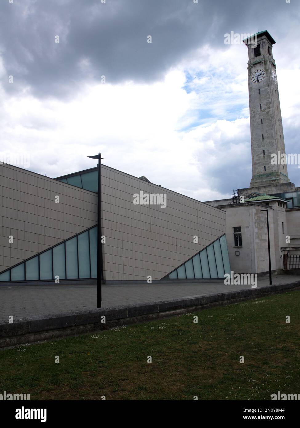 The Civic Centre clock tower from the SeaCity Museum, Southampton, England, UK. The story of the