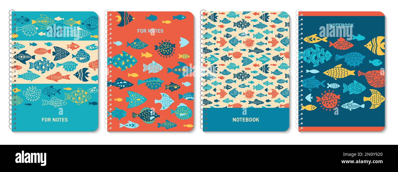 Abstract fish trendy notebook cover set. Exotic nautical design for