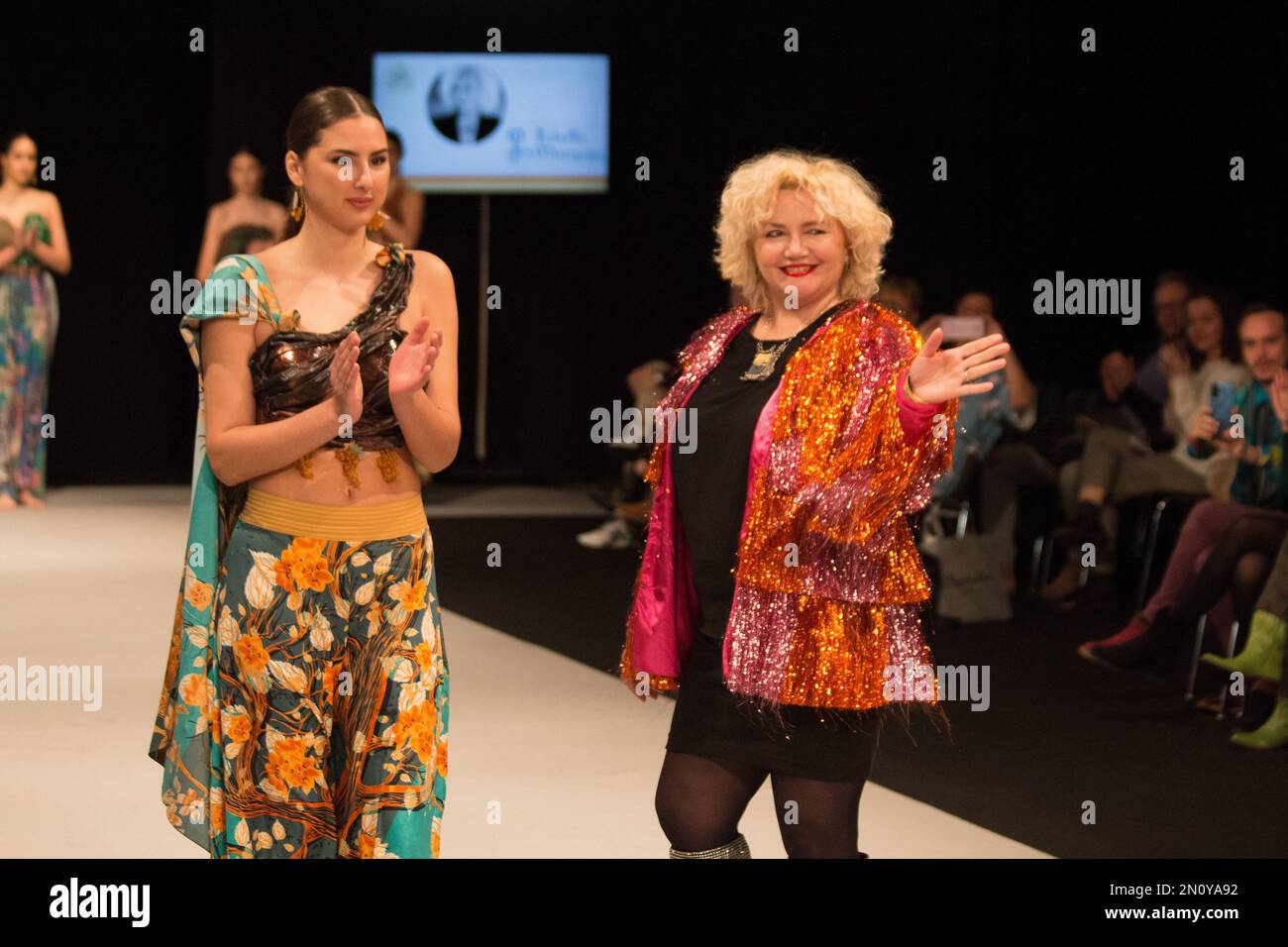 Madrid, Madrid, Spain. 5th Feb, 2023. A model (L) and the designer (R).The MOMAD has return to Madrid, the photos have been taken from the catwalk of Sunday. (Credit Image: © Jorge Gonzalez/Pacific Press via ZUMA Press Wire) EDITORIAL USAGE ONLY! Not for Commercial USAGE! Stock Photo