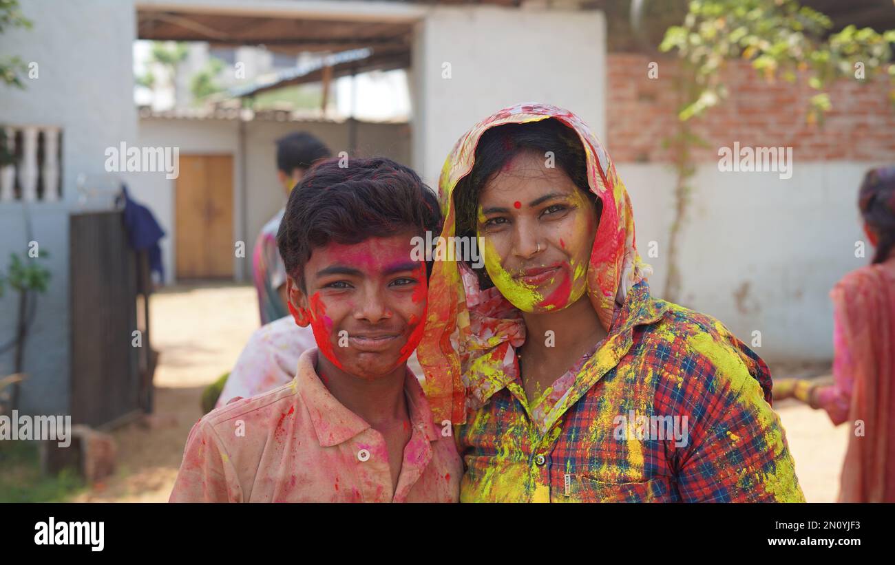 Mother son celebrating holi hi res stock photography and images Alamy