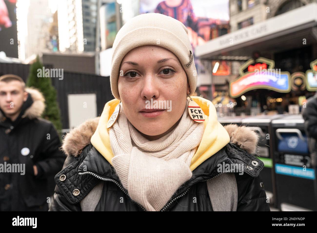 New York Usa 05th Feb 2023 A Woman Wearing Earrings Cursing Russian President Putin Attends 