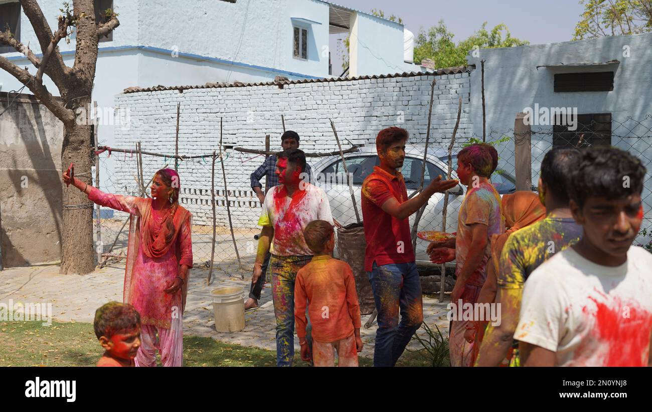 05 February 2023 Jaipur, Rajasthan, India. Holi festival of color. Holi colorful festival of colored paints of powders and dust. Stock Photo