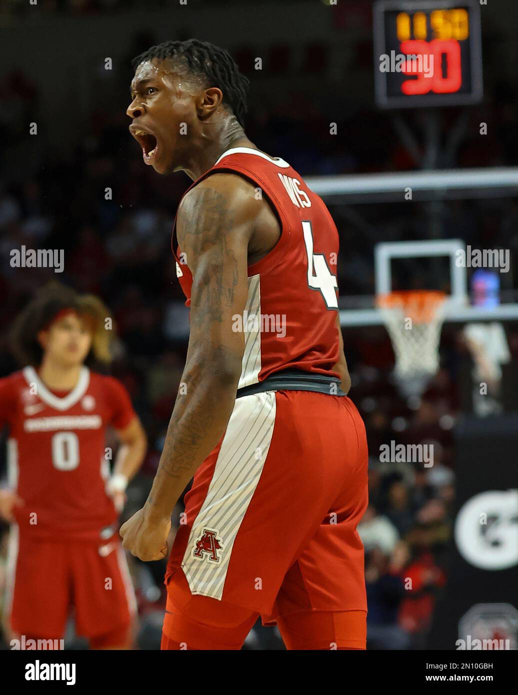 February 4, 2023: Arkansas junior Davonte Davis (4) shows emotion after