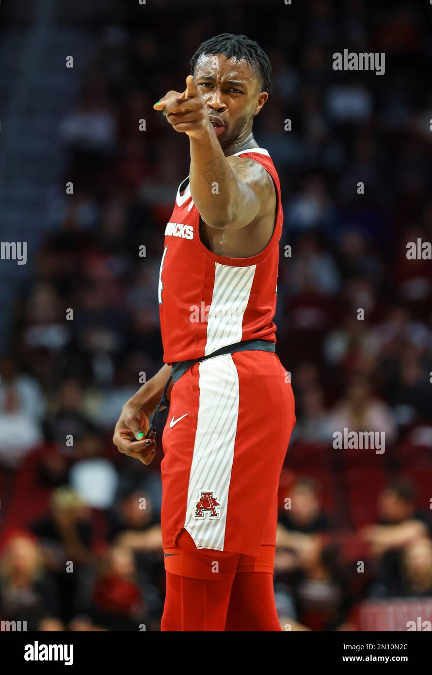 February 4, 2023: Arkansas junior Davonte Davis (4) point to camera
