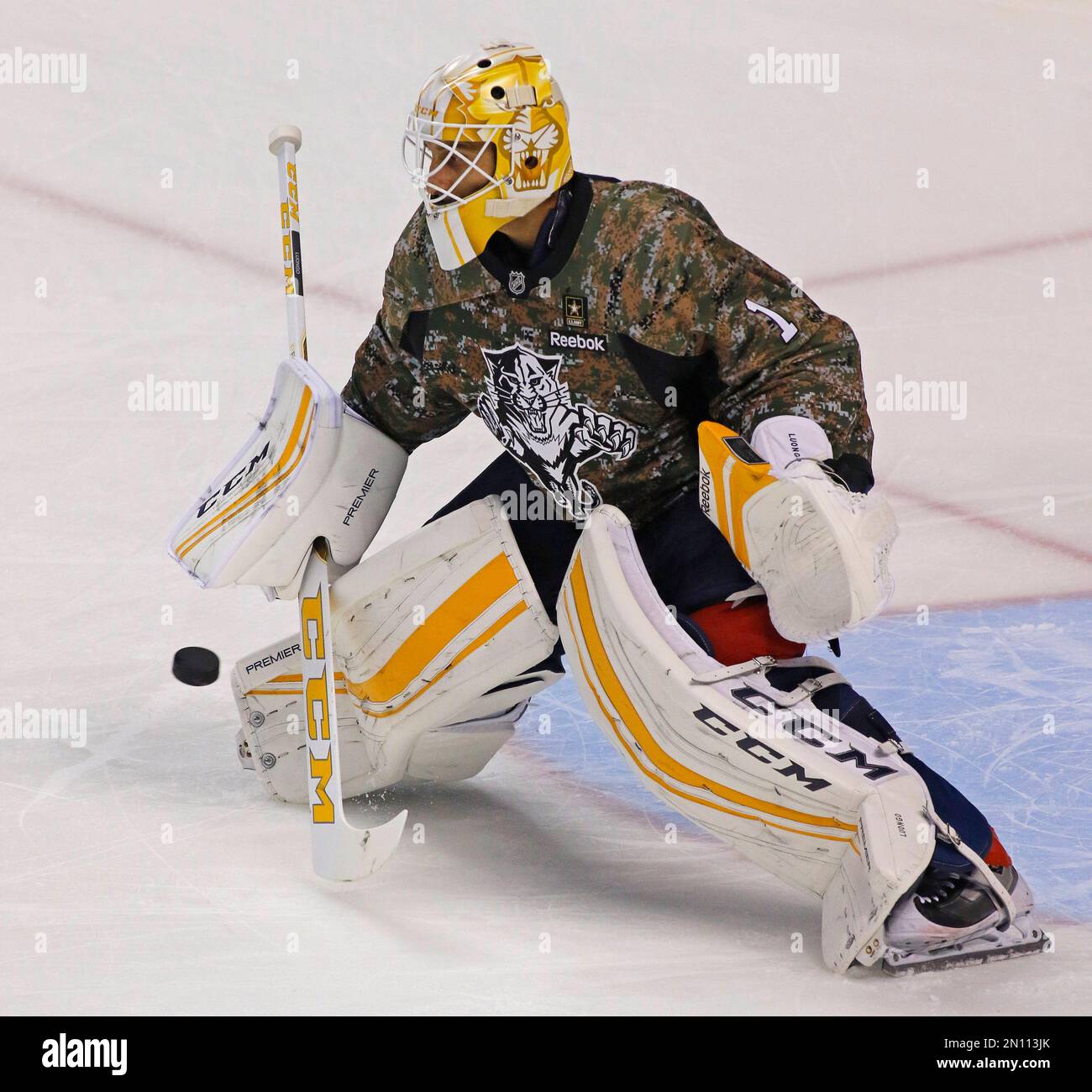 Florida Panthers goalie Roberto Luongo (1) takes part in warmups wearing a  camouflage jersey during military appreciation day before the Panthers met  the Calgary Flames in an NHL hockey game Tuesday, Nov.