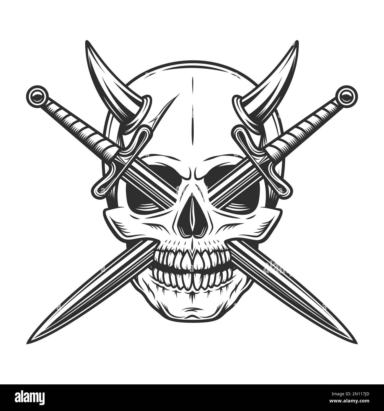 Skull With Horns And Knight Crossed Sword In Vintage Monochrome Style 