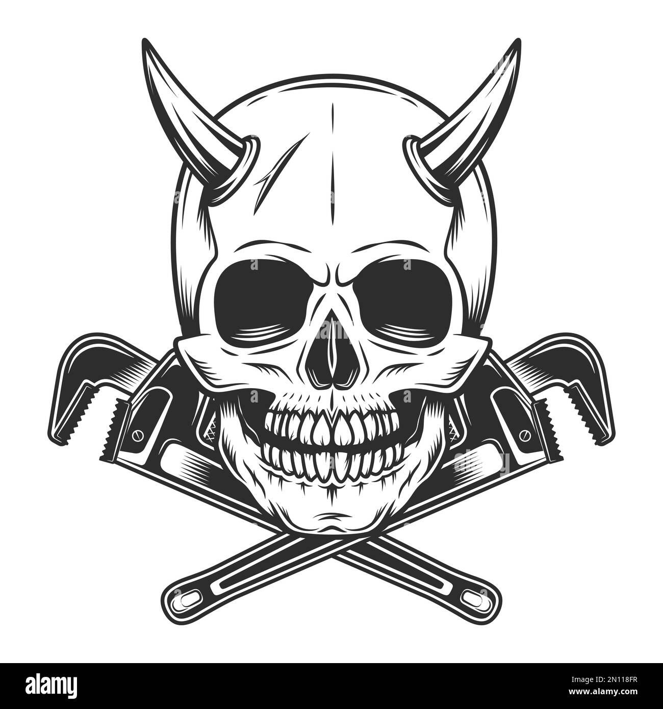 Skull with horns and construction wrench for gas and builder plumbing