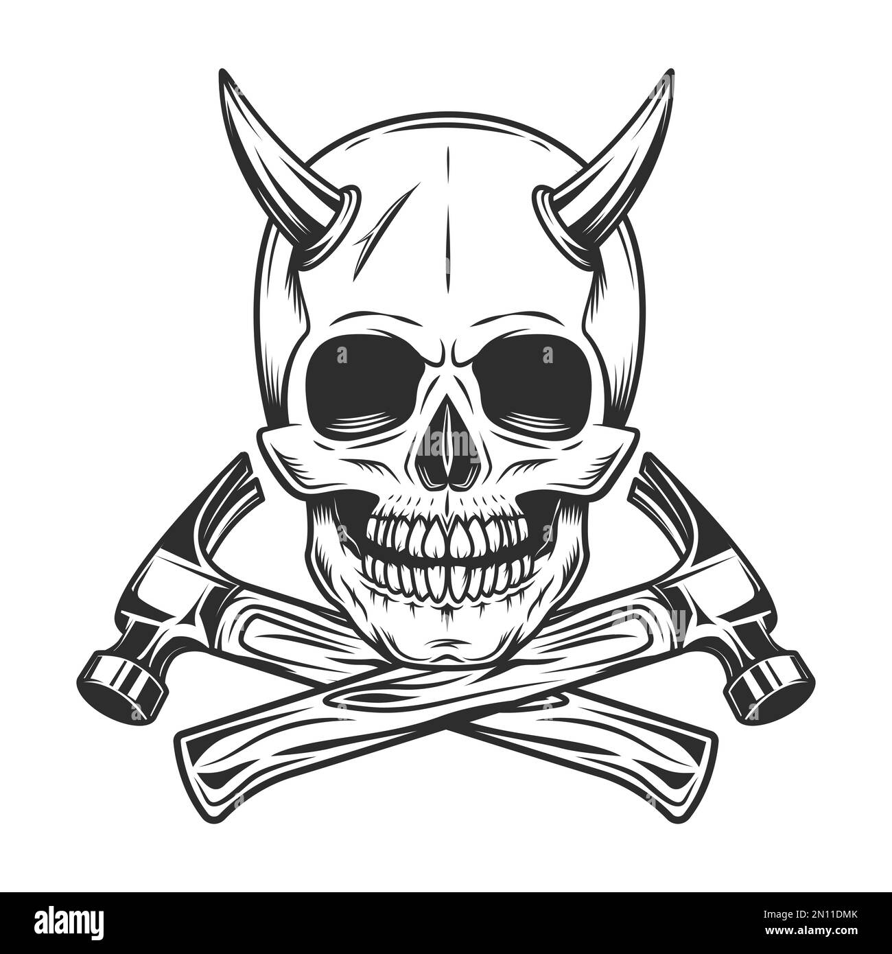 Skull with horns and body shop mechanic repair tool or construction