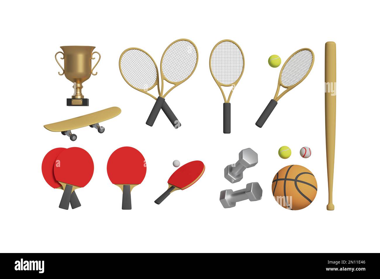 Cartoon All Rackets Types Baseball bat, rackets and tennis ball, dumbbells, goblet, skateboard ...