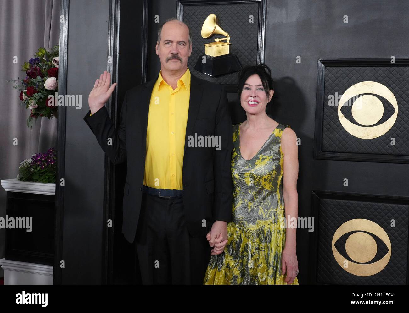 Krist Novoselic, left, and Darbury Ayn Stenderu arrive at the 65th