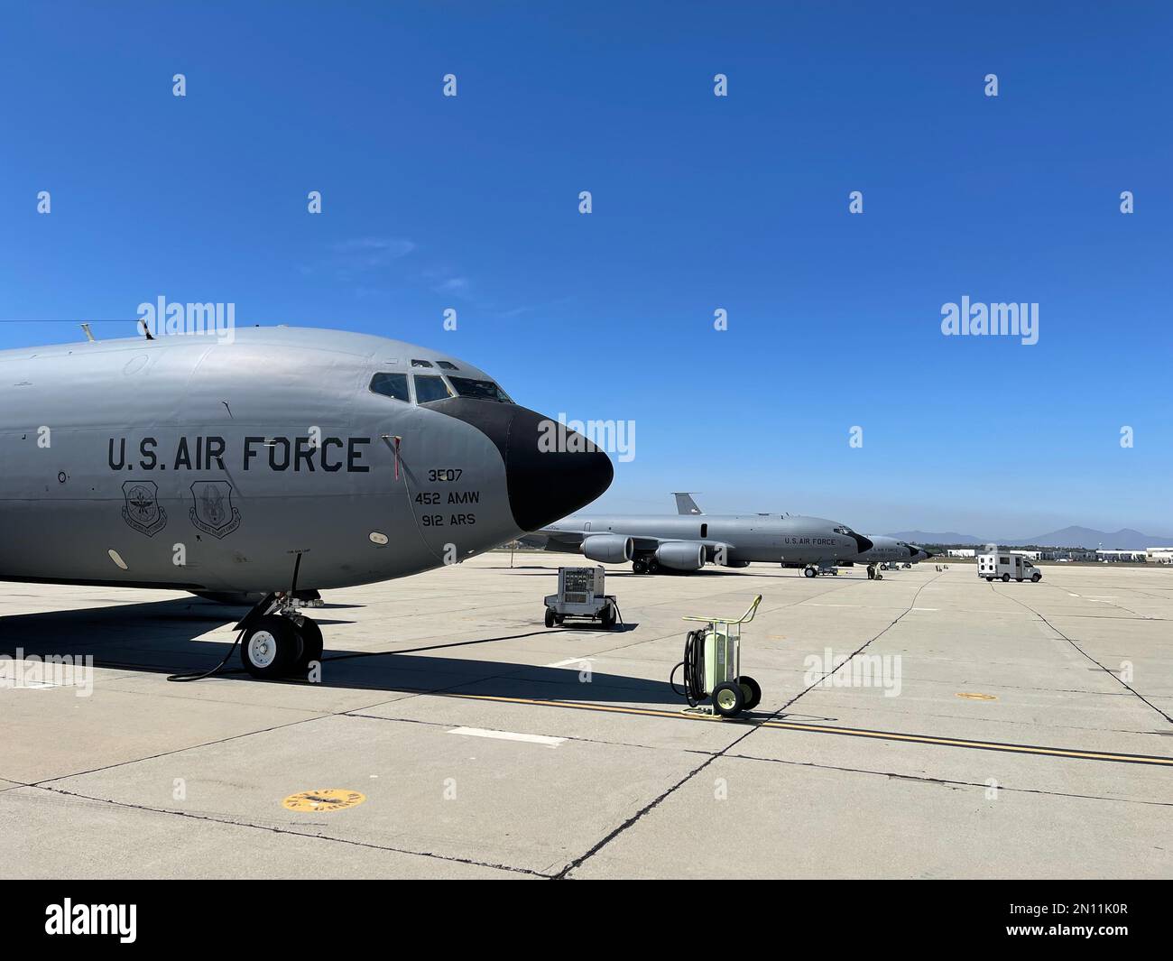 U.S. Air Force 336th Air Refueling Squadron photos and B-Roll video at March Air Reserve Base, California June 07, 2022. The 336th ARS is the first Air Force Reserve flying unit to fly the KC-135 Stratotanker. The 336th maintains round the clock readiness support to March Air Reserve Base and Air Mobility Command's airlift and air refueling requirements. (U.S. Air Force photo by Staff Sergeant Kekoa Santiago) Stock Photo