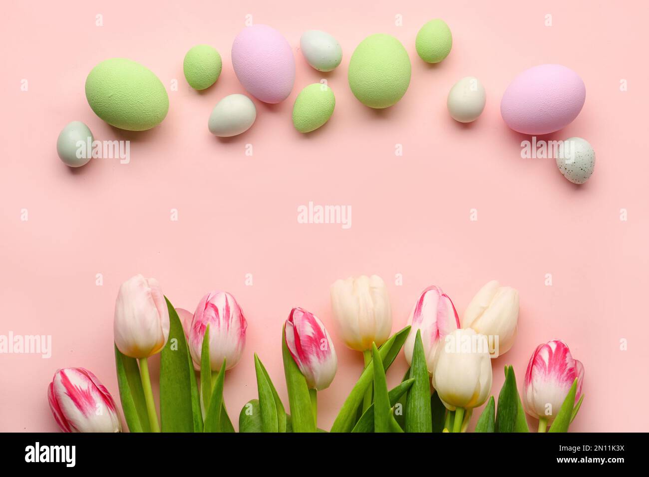 Composition with beautiful Easter eggs and tulip flowers on pink ...