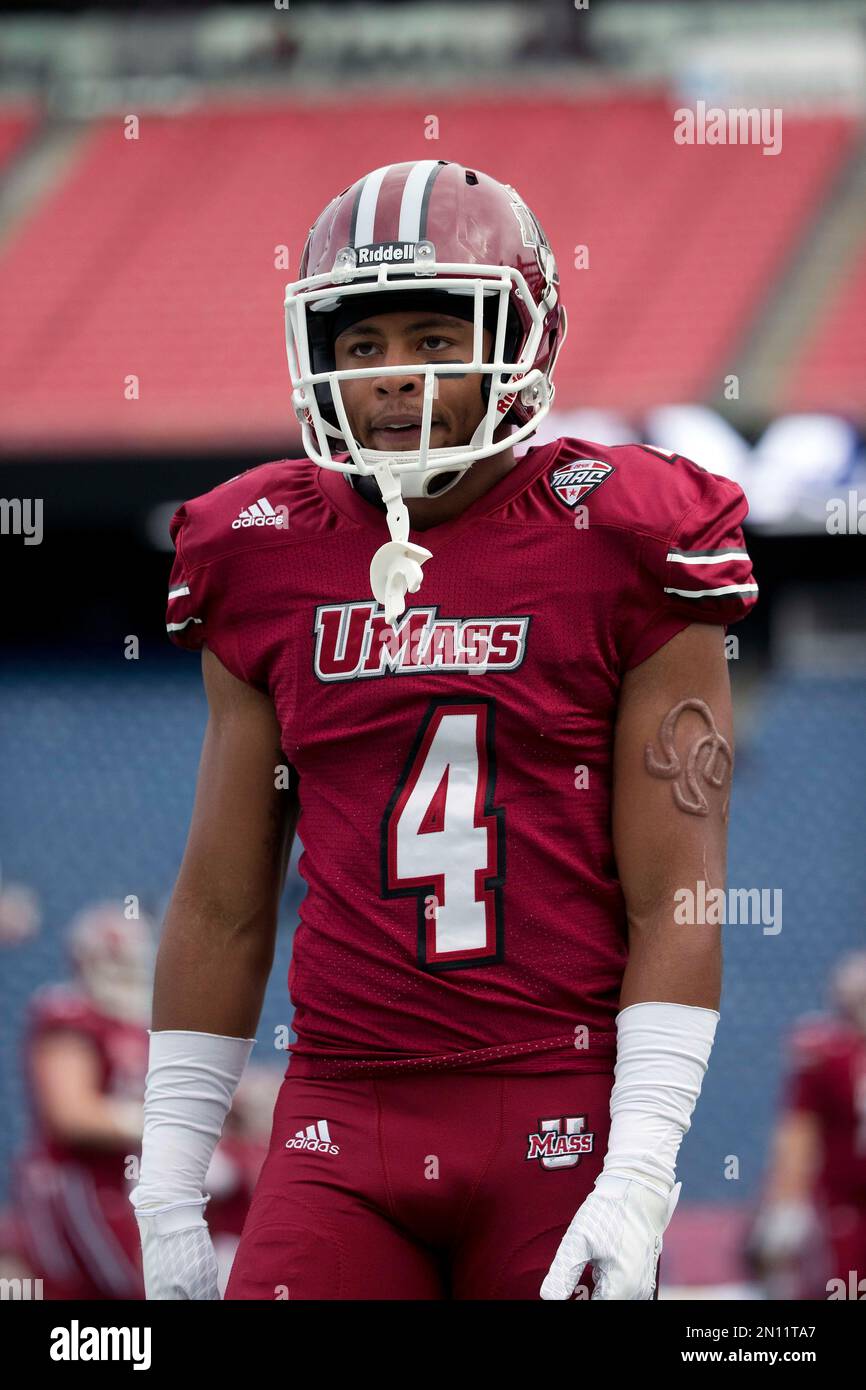 Massachusetts defensive back Randall Jette warms up before an NCAA