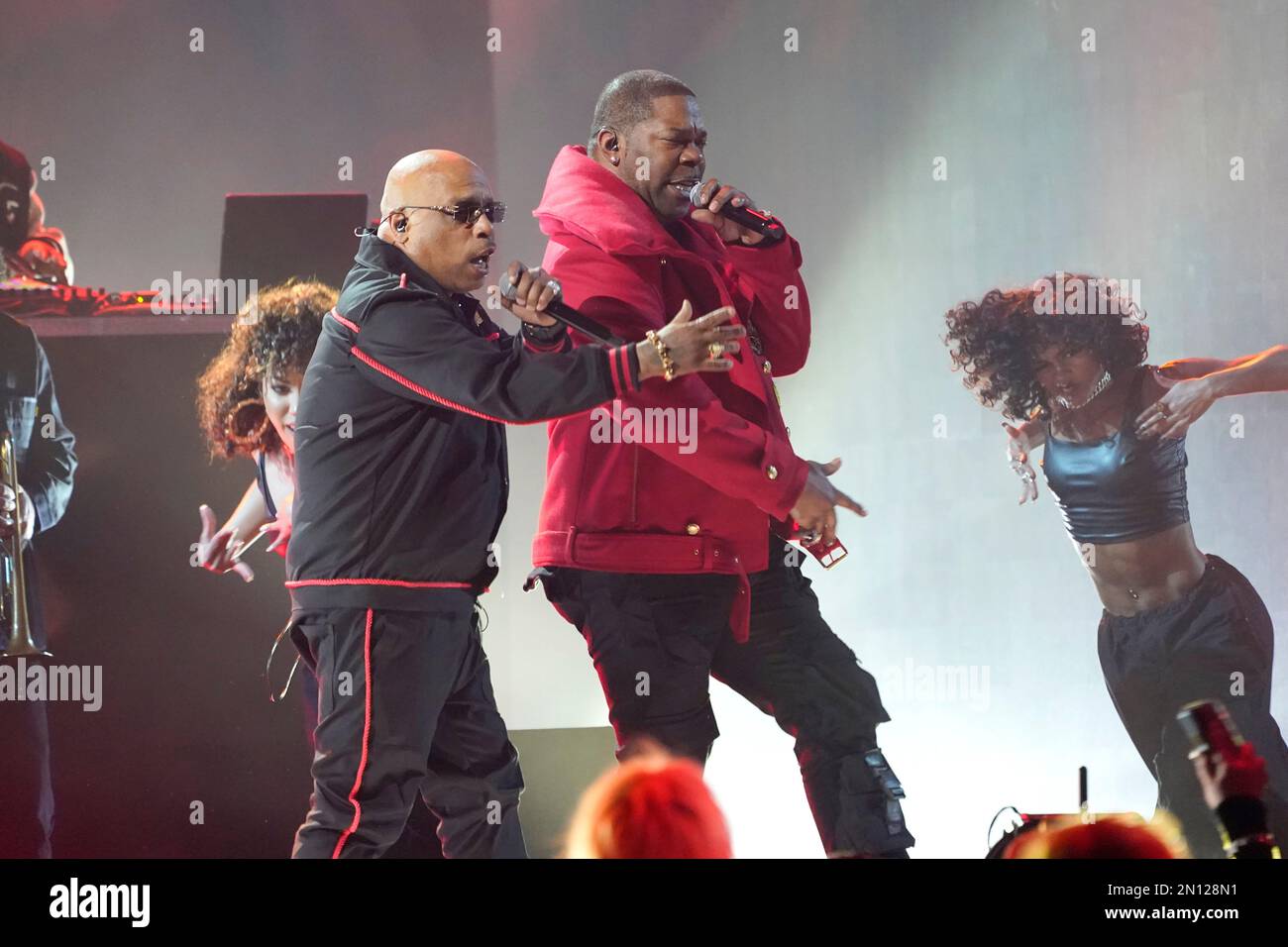 Spliff Star, left, and Busta Rhymes perform "Put Your Hands Where My