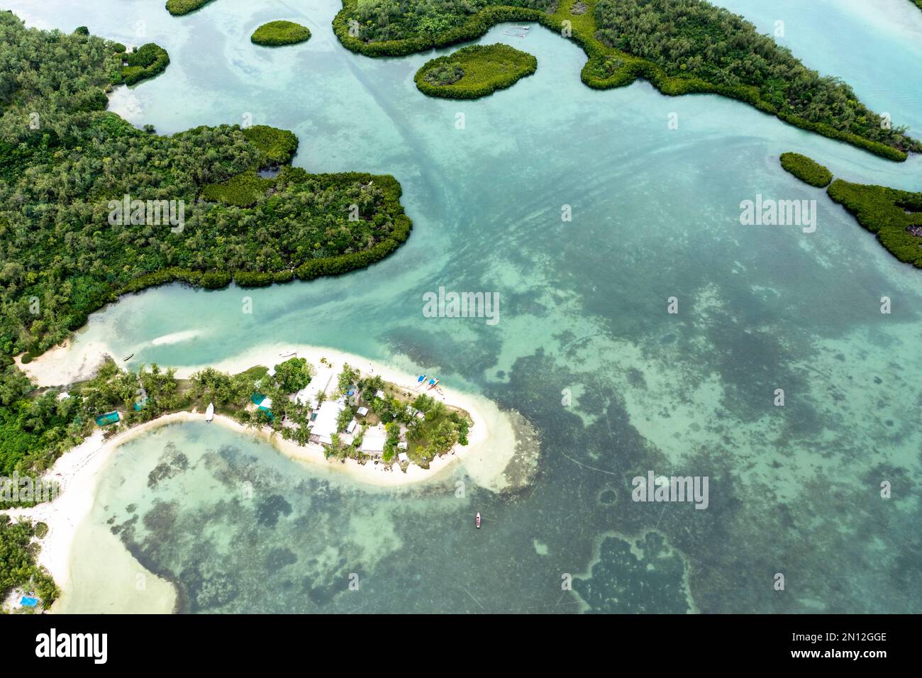 Aerial view, bay at Grand Port, il aux Cerfs with coves sandbanks, and water sports, Flacq, Mauritius, Africa Stock Photo